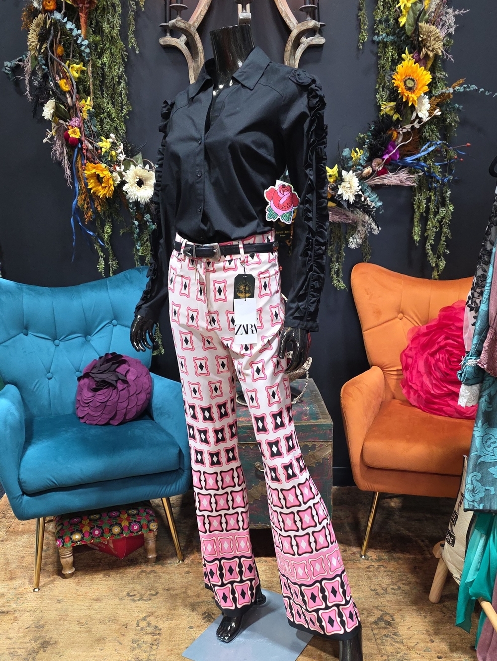 Zara Women's Pink Patterned Wide-Leg Pants